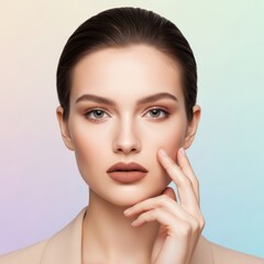 Sophisticated young caucasian female with elegant makeup and neutral expression in pastel background