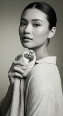 Elegant young asian female holding perfume bottle in monochrome portrait