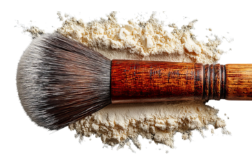 A flat lay of a makeup brush with powder on it, on an isolated on a transparent background in PNG format.