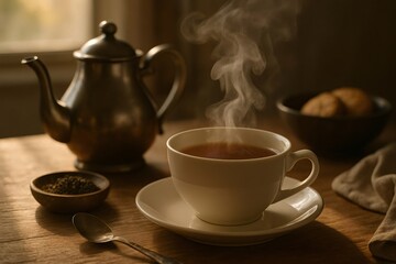 Fototapeta premium Warm sunlight illuminates a steaming cup of tea, accompanied by a teapot, loose leaf tea, cookies, and a spoon, creating a cozy and inviting morning ritual