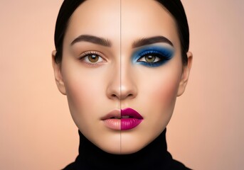 Womans Face Makeup Transformation, Divided, Bold Colors.