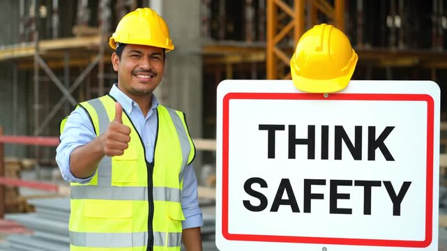 Smiling Construction Worker Promotes Safety - A construction worker in a yellow hard hat and high-visibility vest stands beside a "Think Safety" sign, giving a thumbs-up gesture.