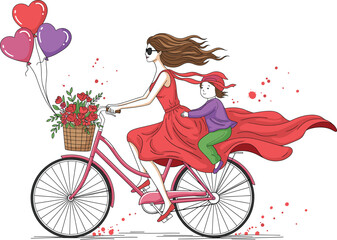Elegant Mother and Child Riding a Pink Bicycle with Flowing Dress, Heart-Shaped Balloons, and Floral Basket in Vector Illustration