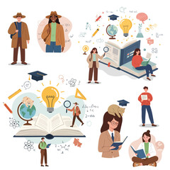 Group of diverse students studying science, reading books, and doing projects, modern educational flat illustration design.