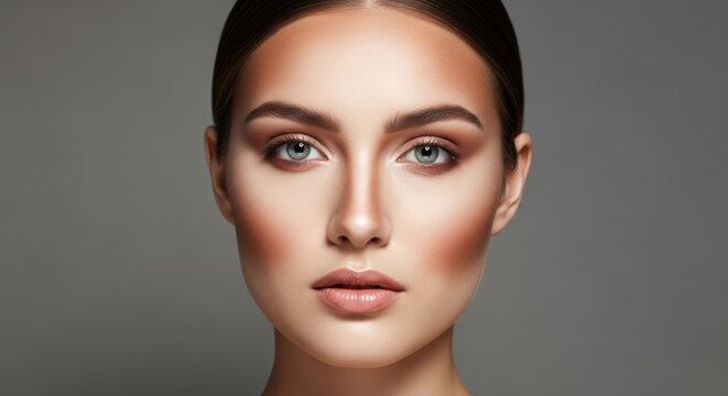 Young caucasian female with neutral expression and natural makeup against grey background