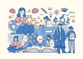 Students studying science, reading books, experimenting with plants and microscopes, surrounded by educational symbols in modern illustration.