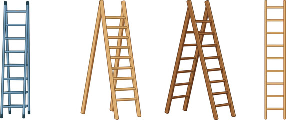 Different types of ladders isolated on white background, wooden step ladders, metal ladder, folding ladder, climbing equipment, construction tools, home improvement, 