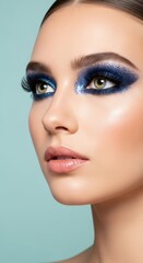 Fototapeta premium Young caucasian female with bold blue glitter eye makeup against light blue background