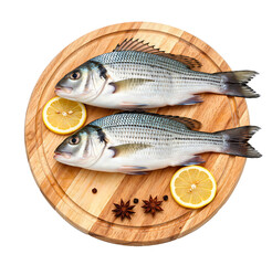 Gray perch on round wooden board, PNG without background