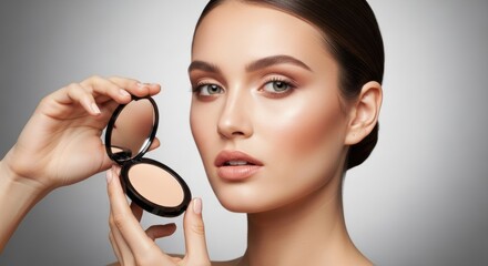 Young caucasian female with flawless skin holding compact powder in beauty portrait