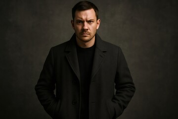 Obraz premium Studio portrait of a confident businessman with a serious expression, wearing a dark coat and standing against a dark background