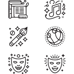 Art of assortment of creative and artistic line icons depicting books, music, art, a globe, and theater masks