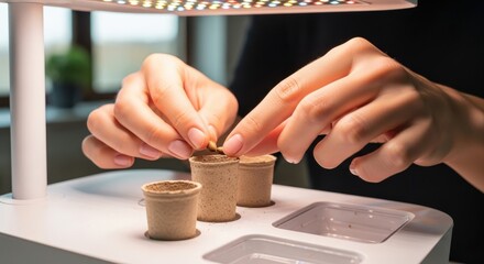 Closeup of hands planting a seed in a small pot with soil under a grow light, symbolizing indoor gardening and new beginnings