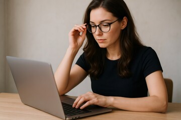 Young woman adjusting glasses while working intently on a laptop, maintaining focus on her tasks in a cozy home office setting