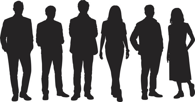 CAD Diverse Business People Silhouettes: Professional Men and Women Standing, Full Body Figures Isolated on White, Ideal for Corporate Presentations and Architectural Renderings.