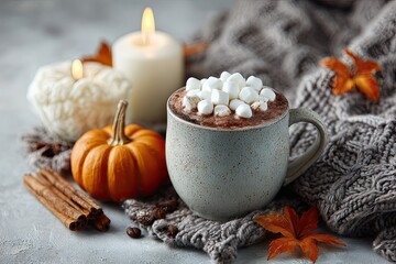 Autumn still life. A mug with cocoa and marshmallows, pumpkin candles, a knitted sweater, cinnamon sticks and autumn leaves on a light background.
