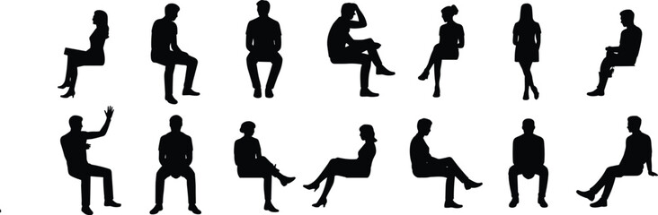 Diverse collection of people silhouettes, a vector graphic set of men and women sitting and standing in various casual and relaxed poses, isolated on a clean white background.