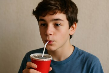 Young boy enjoying a refreshing carbonated beverage, representing concepts of adolescence, lifestyle, and consumption habits