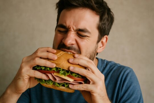 Young man devouring a big sandwich with ham, cheese, lettuce, and tomato, enjoying a tasty meal