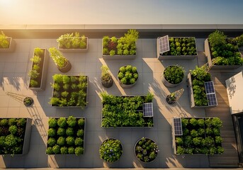 Aerial View of Sustainable Rooftop Garden with Symmetrical Green Layout and Solar Energy