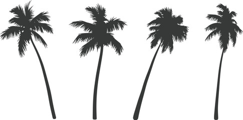 Four tropical palm tree silhouettes with leaning trunks in a row, isolated on white background, perfect vector illustration for summer and travel designs © Creative Mind