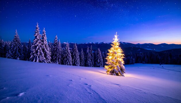 A solitary Christmas tree, adorned with warm golden lights, stands illuminated against a backdrop of a snow-covered mountain landscape under a starlit night sky.