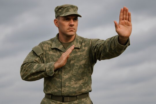 Soldier in camouflage uniform executing martial arts moves against a backdrop of dramatic clouds, showcasing strength and discipline in training - Powered by Adobe