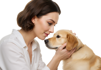 Woman bonding with her Golden Retriever dog, showing love and affection, isolated on transparent background