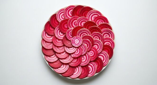 Artistic presentation of sliced chioggia beets in spiral arrangement on white background - Powered by Adobe