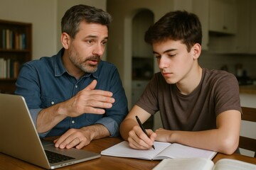 Father assisting his teenage son with homework, offering guidance and support while they work together on a laptop, fostering learning and growth