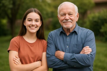 Obraz premium Portrait of a cheerful grandfather and granddaughter standing together in a park, both with their arms crossed and smiling, showcasing their strong bond and family connection