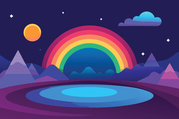 A vibrant vector illustration of a rainbow over a serene landscape at night, with mountains, water, and stars in the sky, creating a dreamy scene