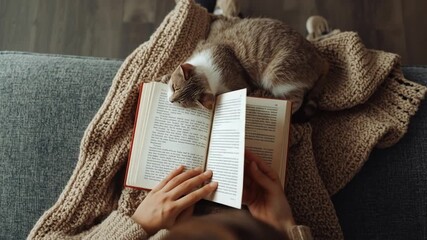 Cozy indoor scene featuring a person reading a book while a cat relaxes on a knitted blanket