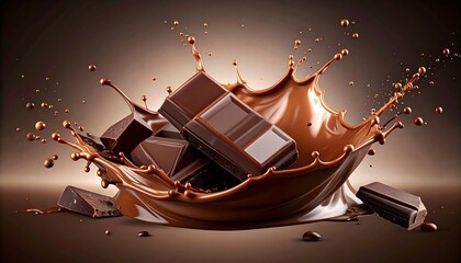 Melted chocolate pieces are showered in a dynamic splash, showcasing a rich, decadent dessert.