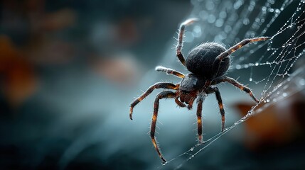 Black spider and torn web. Scary spiderweb of Halloween symbol