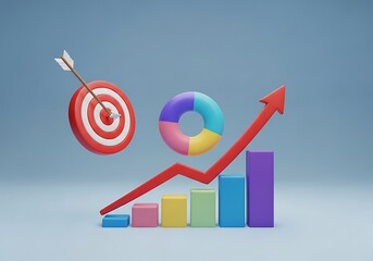 Rising Chart with Target Arrow Doughnut Chart and Columns Illustrating Business Growth and Success