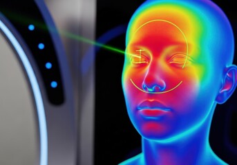 Closeup of a persons face undergoing a futuristic biometric scan with thermal imaging and digital interface, representing security and data analysis