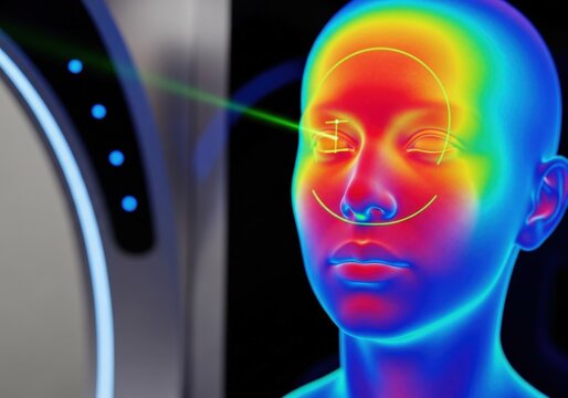 Closeup of a persons face undergoing a futuristic biometric scan with thermal imaging and digital interface, representing security and data analysis