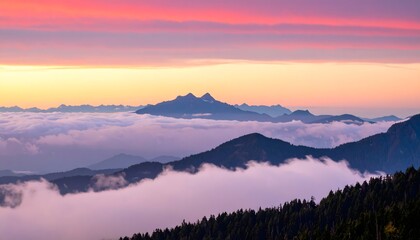 Obraz premium Mountain Peaks Emerging from Clouds at Sunset, Pink Sky.