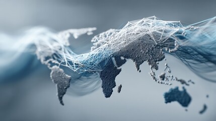 Abstract digital world map with glowing blue and white network connections and data streams across the globe