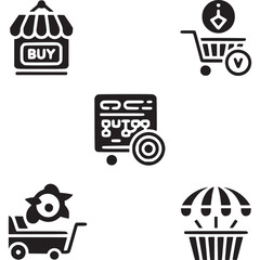 Art of five black icons for ecommerce and shopping storefront, shopping cart with coin, data screen, delivery basket, and gift box