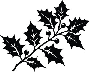 Winter Holly Branch Silhouette, Holly Christmas Branch Vector