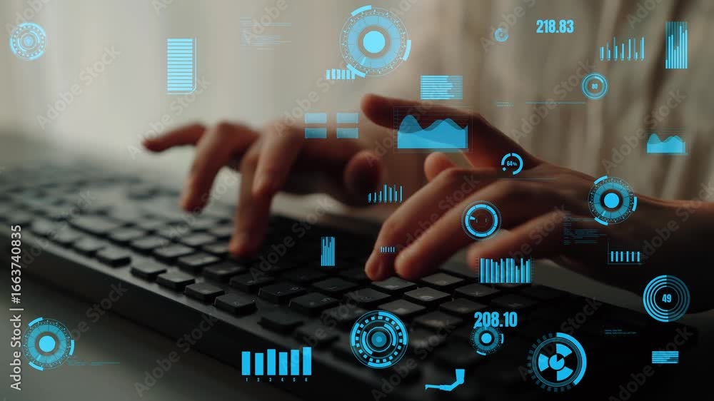 Poster a close-up view of hands typing on a keyboard with a backdrop of digital data visualizations, illust