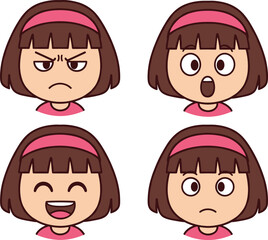 Cartoon girl faces showing angry, surprised, happy, and sad emotions, children character illustration for educational and emotional expression design
