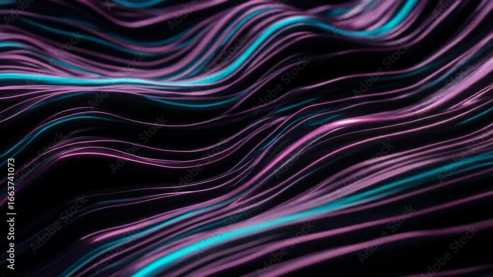 Poster flowing abstract waves of glowing cyan and magenta lines ripple in a seamless loop animation