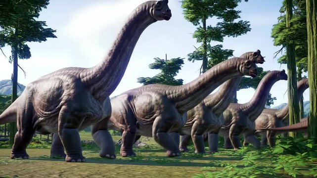 Majestic dinosaurs roaming in lush prehistoric jungle environment