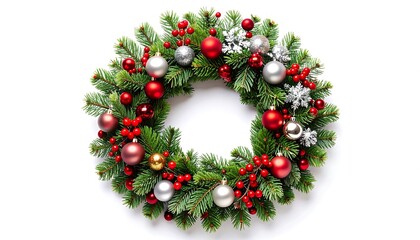 A festive Christmas wreath, adorned with vibrant red, silver, and gold ornaments, sits against a plain white backdrop.