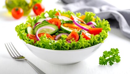 A vibrant vegetable salad, composed of fresh greens, colorful sliced vegetables, and presented in a white bowl, creates a healthy and appetizing meal.