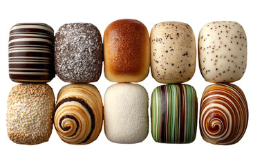 A variety of sweet pastries arranged in rows on the left side, each with striped patterns and shades of brown, beige isolated on a transparent background in PNG format.