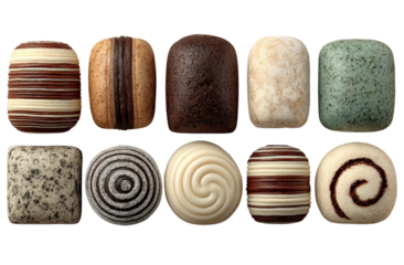 A variety of sweet pastries arranged in rows on the left side, each with striped patterns and shades of brown, beige isolated on a transparent background in PNG format.